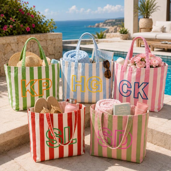 Custom Embroidered Striped Tote Bag, Personalized Name Beach Shopper, Bridesmaid Gift Bag, Future Mrs Tote, Bridal Party Bag