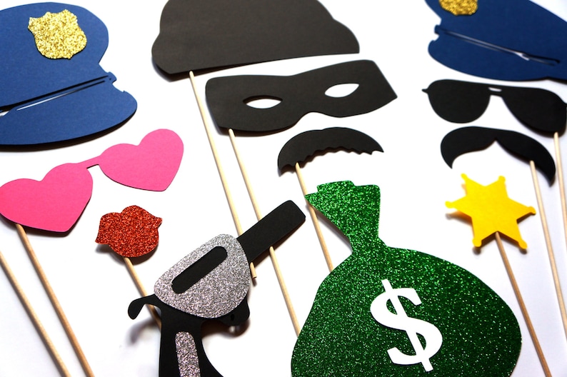 Photo Booth Props Cops and Robbers 12 piece prop set Birthdays, Weddings, Parties GLITTER Photobooth Props image 2