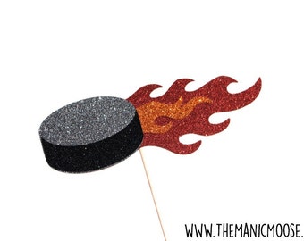 Hockey Puck with Flames Photo Prop - Hockey Photo Booth Props - Choose Glitter or Non Glitter Version