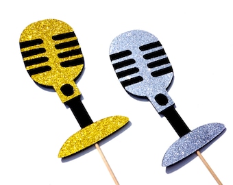 Photo Booth Props - GLITTER Vintage Microphones - Set of 2 - Silver and Gold GLITTER Photobooth Props