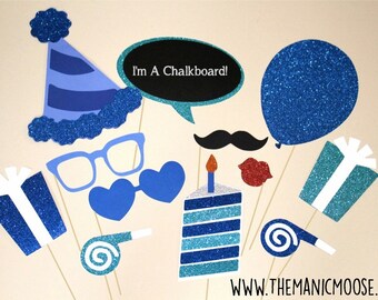 Birthday Party Photo Booth Props ~ 12 piece set ~ Blue ~ Glitter ~ You Choose Balloon Number