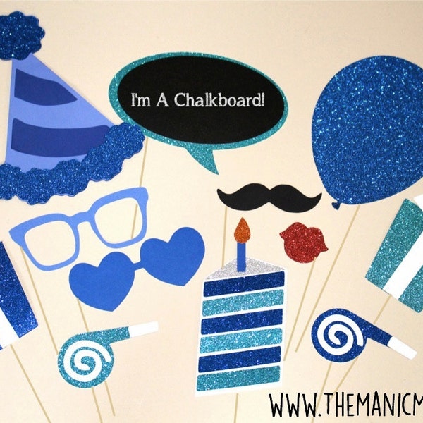 Birthday Party Photo Booth Props ~ 12 piece set ~ Blue ~ Glitter ~ You Choose Balloon Number