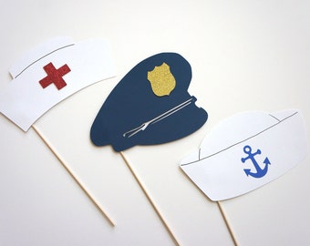 Photo Booth Props - Set of 3 Hats on a stick - Nurse, Sailor, Police hats with GLITTER - Photobooth Props