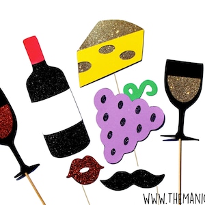 Photo Booth Props ~ Winery Collection ~ Set of 7 Wine Themed Photobooth Props with GLITTER