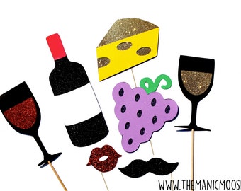 Photo Booth Props ~ Winery Collection ~ Set of 7 Wine Themed Photobooth Props with GLITTER