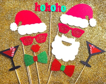 Holiday Photo Props - 11 piece set - GLITTER Photo booth Props - Party Rockin' Santa and Mrs. Claus