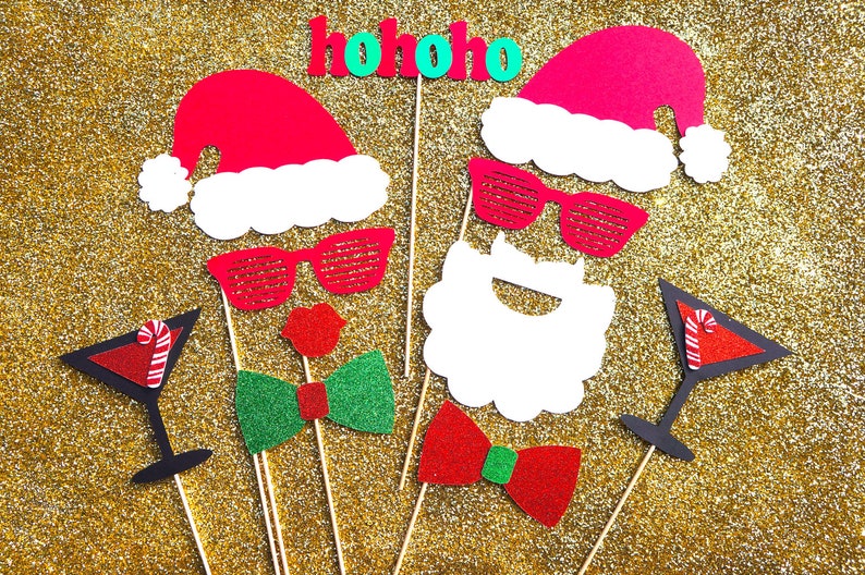 Christmas Photo Booth Props 11 piece set GLITTER Photobooth Props Party Rockin' Santa and Mrs. Claus image 1