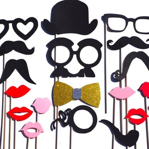 Photo Booth Props - Classic Wedding - Gold GLITTER bow tie - 19 piece set - Birthdays, Weddings, Parties - Photobooth Props