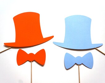 Photo Booth Props - Hollywood's Dumbest Duo - Orange and Powder Blue Top Hats and matching Bow Ties - Set of 4