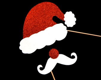 Glitter Santa Hat and Glitter Nose and Mustache Prop - Christmas Photo Props - GLITTER Photobooth Props - Santa Prop