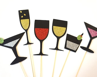 Photo Booth Props - Cocktail Collection - Set of 6 GLITTER Photobooth Props