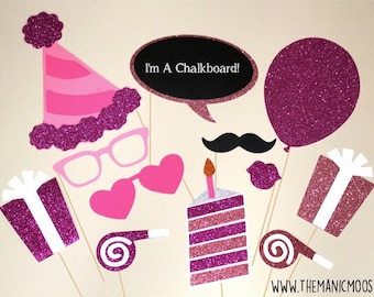 Birthday Party Photo Booth Props ~ 12 piece set ~ Pink ~ Glitter ~ You Choose Balloon Number