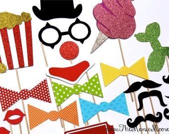 The DELUXE CARNIVAL Collection - 24 piece set - mustaches on a stick, lips, clown, circus GLITTER - Photobooth Props