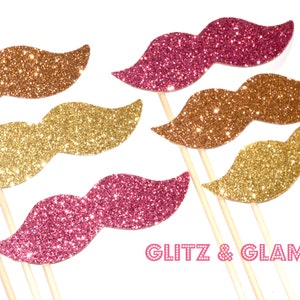 Glitz & Glam Glitter Mustache Collection - Set of 6 - Pink, Peach, and Gold Glitter Staches