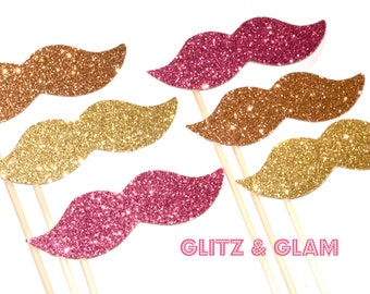 Glitz & Glam Glitter Mustache Collection - Set of 6 - Pink, Peach, and Gold Glitter Staches