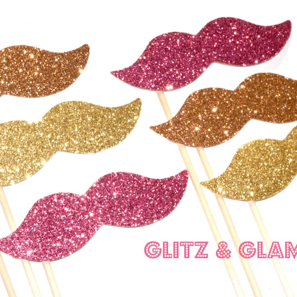 Glitz & Glam Glitter Mustache Collection - Set of 6 - Pink, Peach, and Gold Glitter Staches