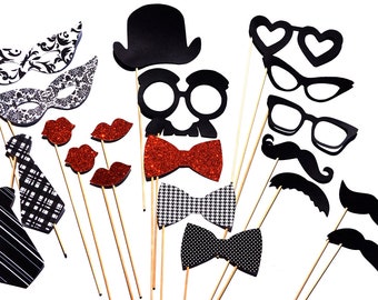 Classic Photo Booth Props - 20 piece set - Birthdays, Weddings, Parties - Photobooth Props - Black and White