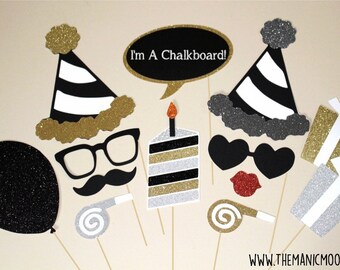 Birthday Party Photo Booth Props ~ 13 piece set ~ Siver, Gold, and Black ~ Glitter ~ You Choose Balloon Number