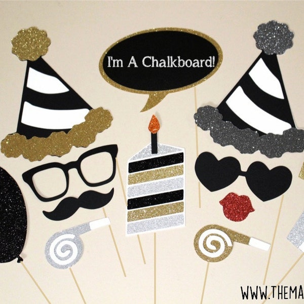 Birthday Party Photo Booth Props ~ 13 piece set ~ Siver, Gold, and Black ~ Glitter ~ You Choose Balloon Number
