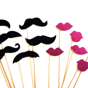 Photo Booth Props Mustaches and Glitter Lips 12 piece set Hot Pink GLITTER Lips Birthdays, Weddings, Parties Photobooth Props image 1