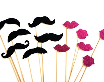 Photo Booth Props - Mustaches and Glitter Lips - 12 piece set - Hot Pink GLITTER Lips - Birthdays, Weddings, Parties - Photobooth Props