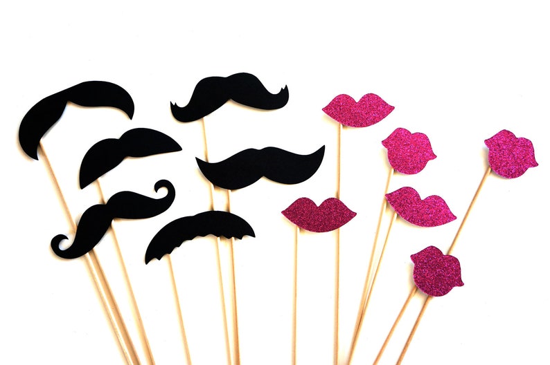 Photo Booth Props Mustaches and Glitter Lips 12 piece set Hot Pink GLITTER Lips Birthdays, Weddings, Parties Photobooth Props image 1