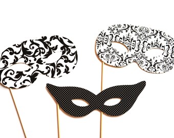 Black and White Photo Booth Props - Masquerade Masks - 3 piece set - Birthdays, Weddings, Parties - Photobooth Props