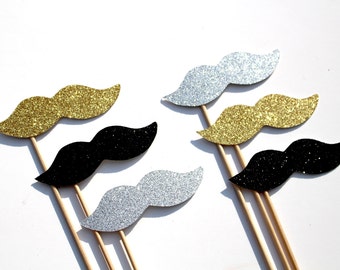 GLAMOUROUS Photo Booth Props  - Silver, Gold, and Black Mustaches - set of 6 - GLITTER photo props