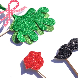 Christmas Photo Booth Props - 3 piece set - GLITTER Mustache, Lips, and Mistletoe on a stick