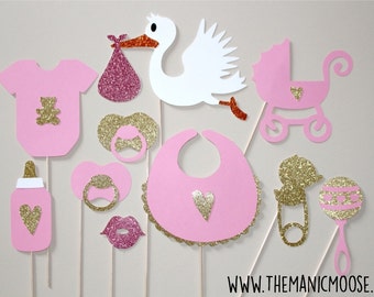 Baby Shower Props - Baby Girl Photo Props - Set of 10 Glitter Photo Booth Props - Pink and Gold Glitter Photo Props