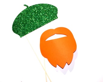 St. Patricks Day Photo Props - 2 piece prop set - GLITTER Green Beret and Orange Beard - St Pattys Day Props - Photo Booth Props