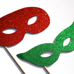 Photo Booth Props Christmas Glitter Masquerade Masks Set of 2 Glitter Props Red and Green Photobooth Props image 1