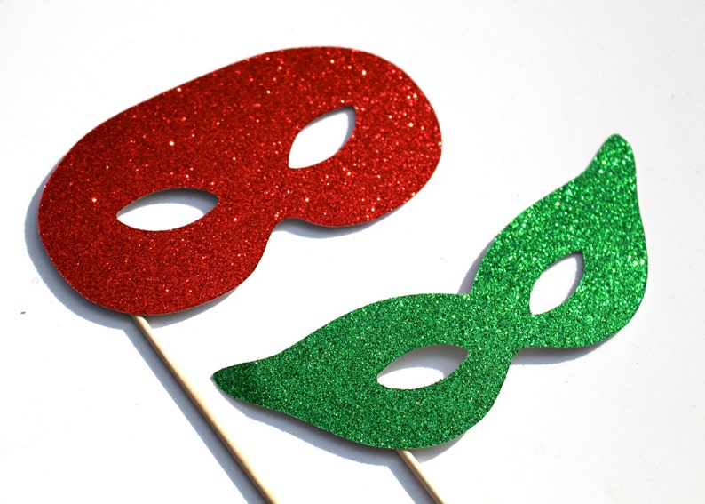 Photo Booth Props Christmas Glitter Masquerade Masks Set of 2 Glitter Props Red and Green Photobooth Props image 1