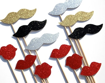 GLAMOUROUS Photo Booth Props  - Silver, Gold, and Black Mustaches, Ruby Red Lips - set of 12 - Classy GLITTER photo props