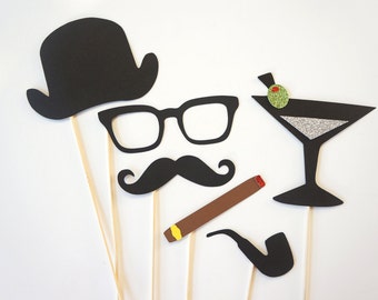 Photo Booth Props - Gentlemen Collection - Set of 6 Photobooth Props with GLITTER, includes pipe