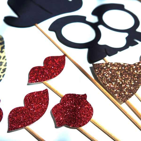 Vintage Inspired Photo Booth Props - 20 piece set - Features gorgeous brown and tan colors with rich ruby red glitter lips