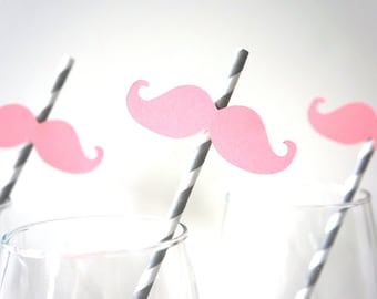 Set of 10 GREY Striped Mustache Straw Photo Props - Baby Pink Mustaches on Grey Striped Paper Straws