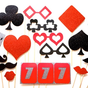 Lucky 7&#39;s Vegas Collection ~ RED ~ Set of 19 Photo Booth Props with Glitter ~ Casino Props ~ Trivia Night