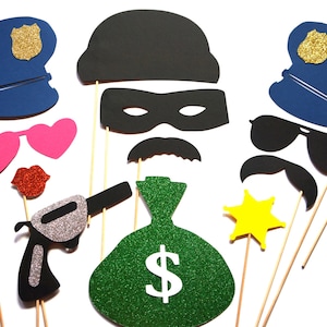 Photo Booth Props Cops and Robbers 12 piece prop set Birthdays, Weddings, Parties GLITTER Photobooth Props image 1