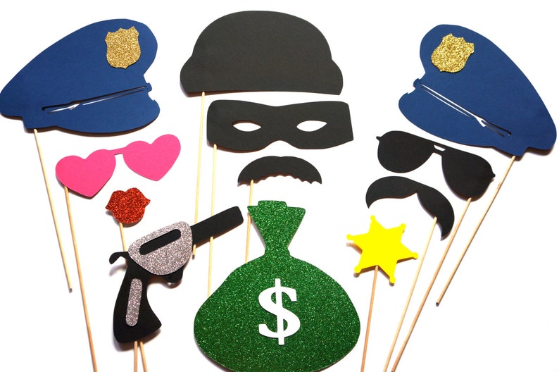 Photo Booth Props Cops and Robbers 12 piece prop set Birthdays, Weddings, Parties GLITTER Photobooth Props image 1