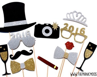 2016 New Years Eve Photo Booth Props - Silver and Gold - New Years Party Props - set of 12 - GLITTER photo props