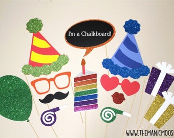 Birthday Party Photo Booth Props ~ 13 piece set ~ Red ~ Rainbow ~ Glitter ~ You Choose Balloon Number