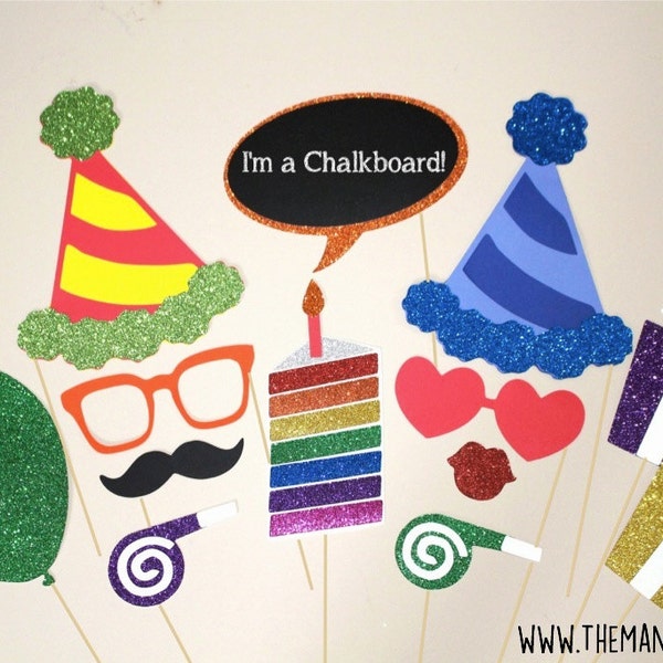 Birthday Party Photo Booth Props ~ 13 piece set ~ Red ~ Rainbow ~ Glitter ~ You Choose Balloon Number