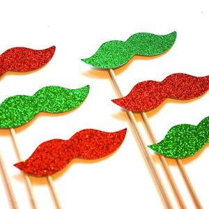 Photo Booth Props Christmas Mustaches on a Stick Set of 6 Red and Green Christmas Props funny Christmas card image 1