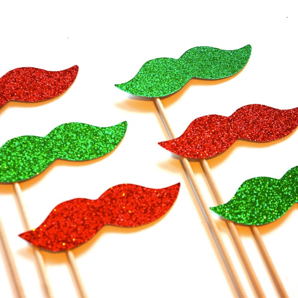 Ugly Christmas Sweater Party Props  - Set of 6 - Red and Green Glitter Mustaches - Christmas Props - Photo Booth Props