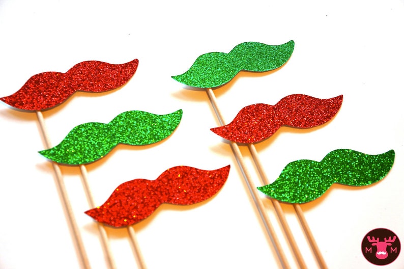 Photo Booth Props Christmas Mustaches on a Stick Set of 6 Red and Green Christmas Props funny Christmas card image 1