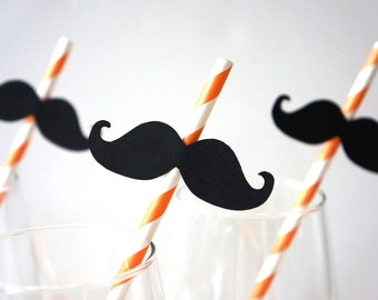 Set of 10 Halloween Mustache Straws - Mustaches on ORANGE Striped Paper Straws