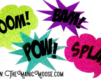 Comic Book Bubbles - Bam, Pow, Splat, Boom - Photo Booth Props - Set of 4 Props - Glitter Props - Comic Bubbles