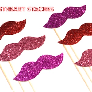 Sweetheart Staches Glitter Mustache Collection Set of 6 Pink, Red, and Hot Pink Glitter Staches image 1