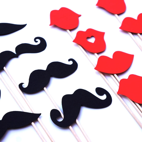 Mustaches and Red Lips on a Stick - Set of 16 - Birthdays, Weddings, Parties - Photo Booth Props